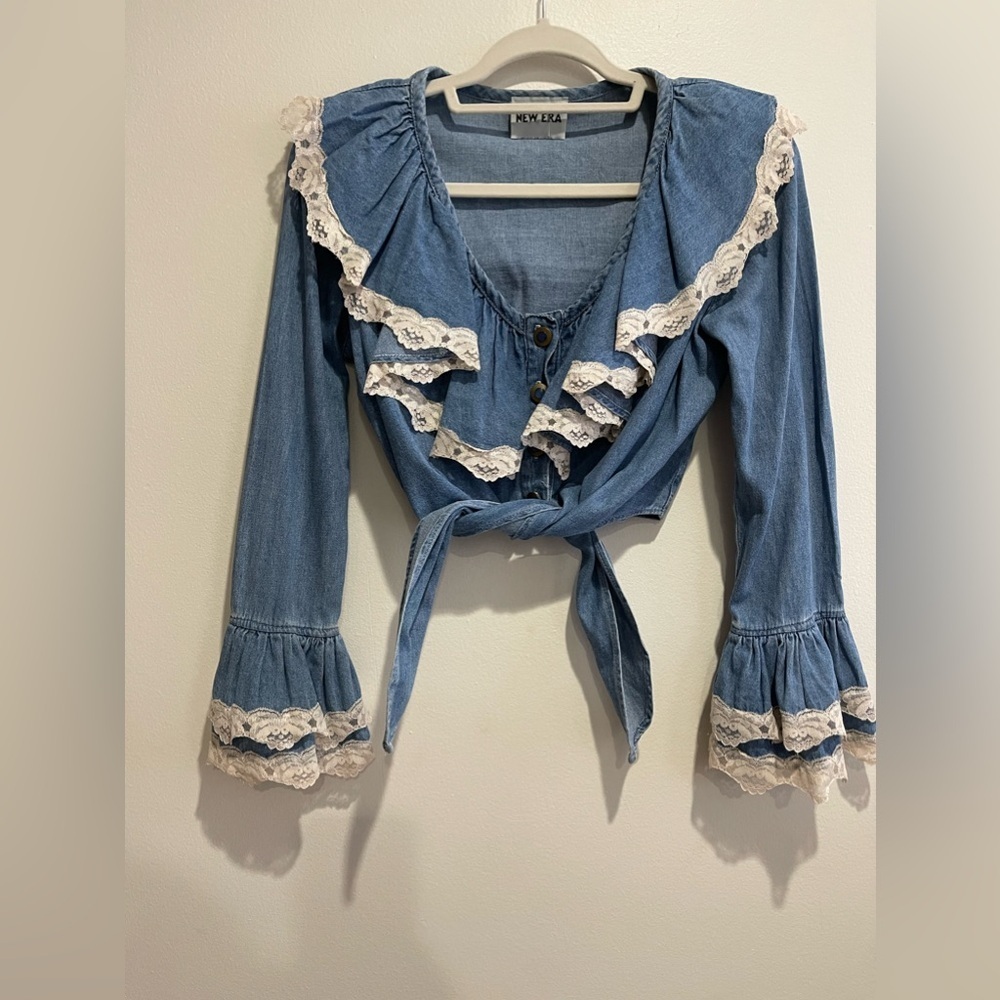 Vintage Long Sleeve Denim Button downTie Front Crop with Ruffle white Mesh Trim - Picture 2 of 6